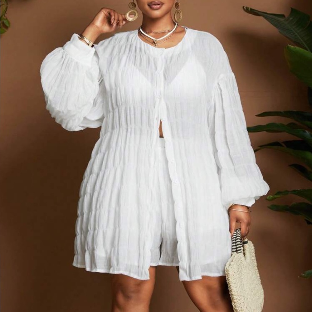 Plus Size Elegant White Button Up Shirt Shorts 2 Piece Set